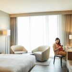 Woman relaxing in modern hotel room.