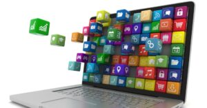 Colorful app icons emerging from a laptop screen.