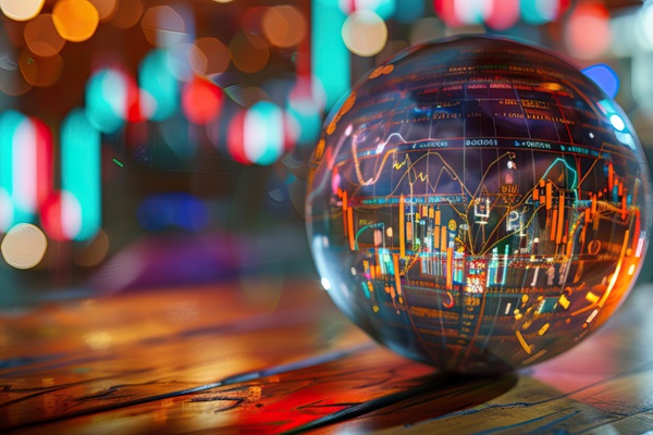Boule de cristal avec graphiques financiers.