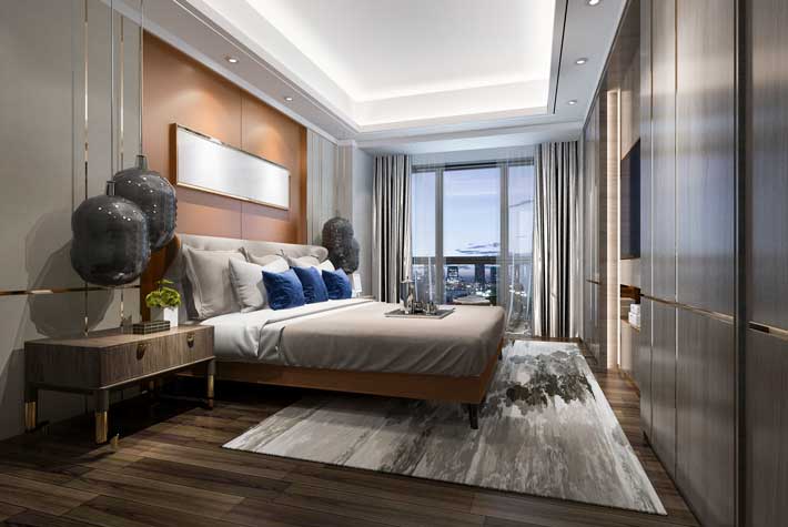 Modern bedroom with city view and elegant decor.